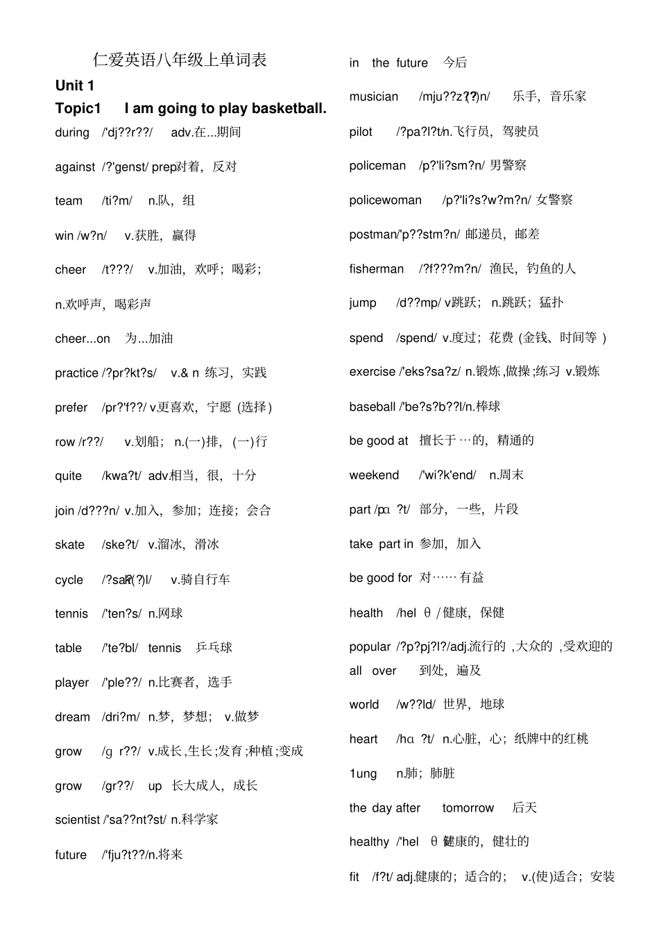 仁爱英语八年级上单词表-带音标_第1页