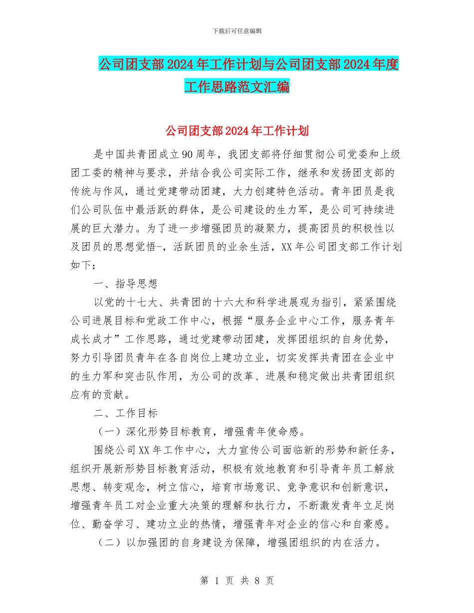 公司团支部2024年工作计划与公司团支部2024年度工作思路范文汇编_第1页