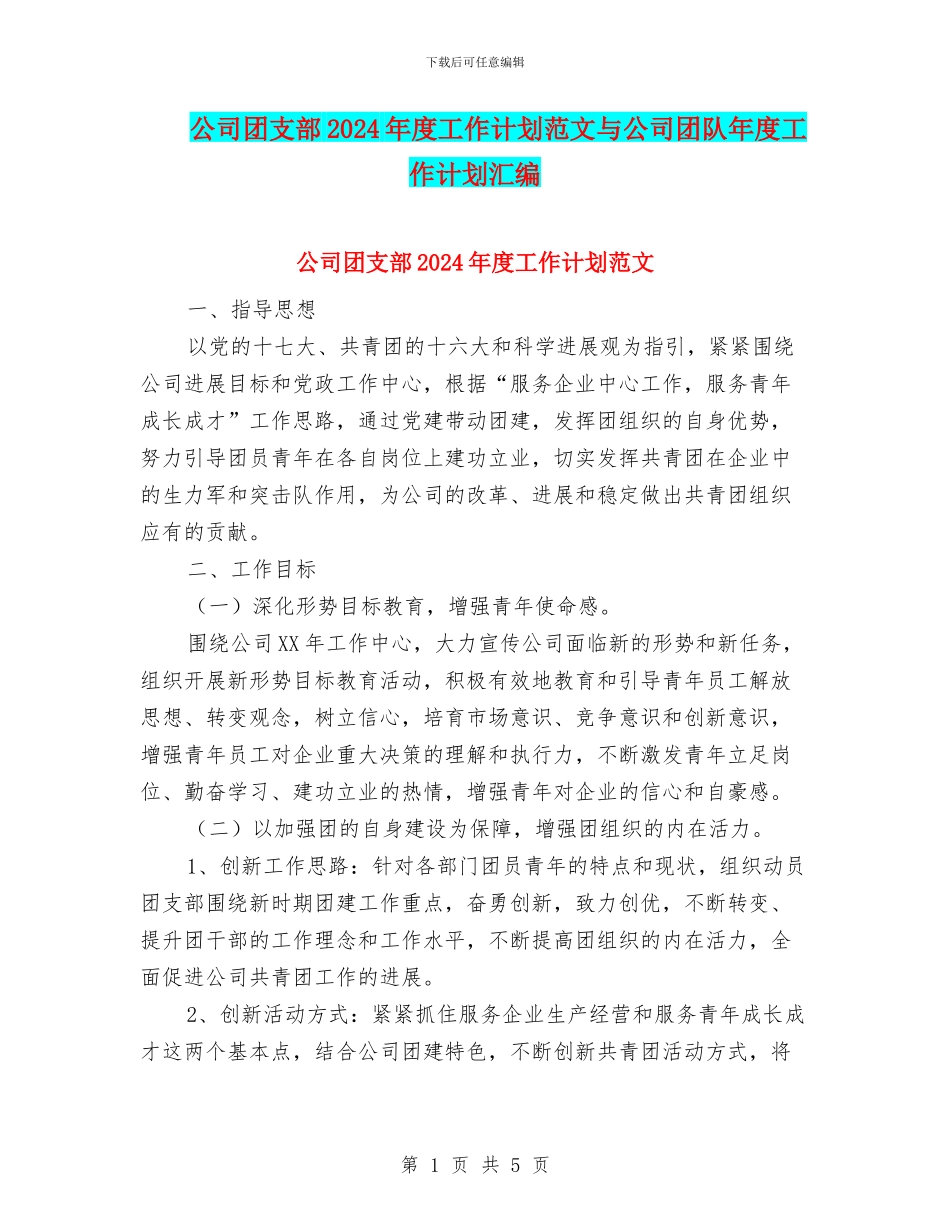 公司团支部2024年度工作计划范文与公司团队年度工作计划汇编_第1页
