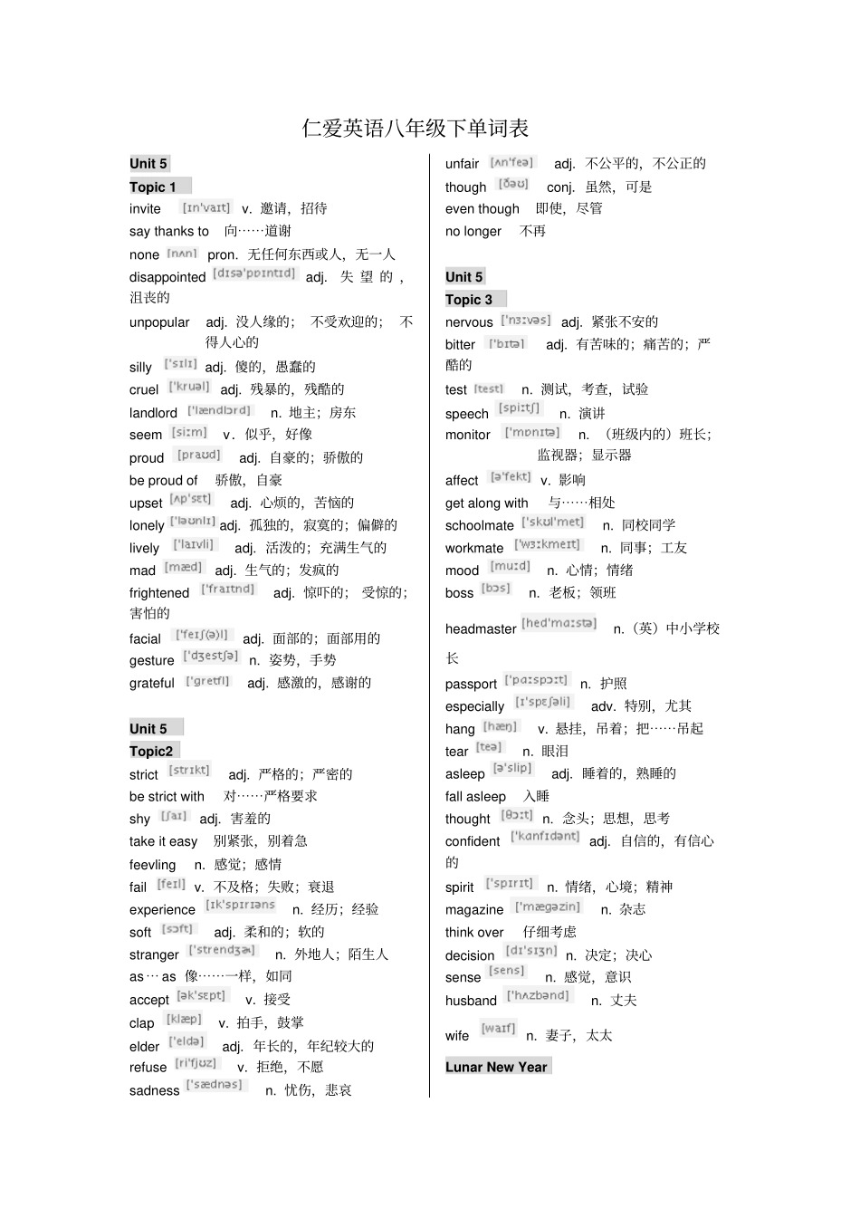 仁爱英语八年级下册单词表含音标_第1页