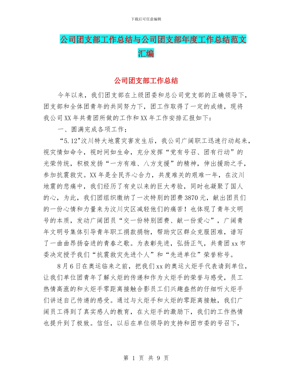 公司团支部工作总结与公司团支部年度工作总结范文汇编_第1页