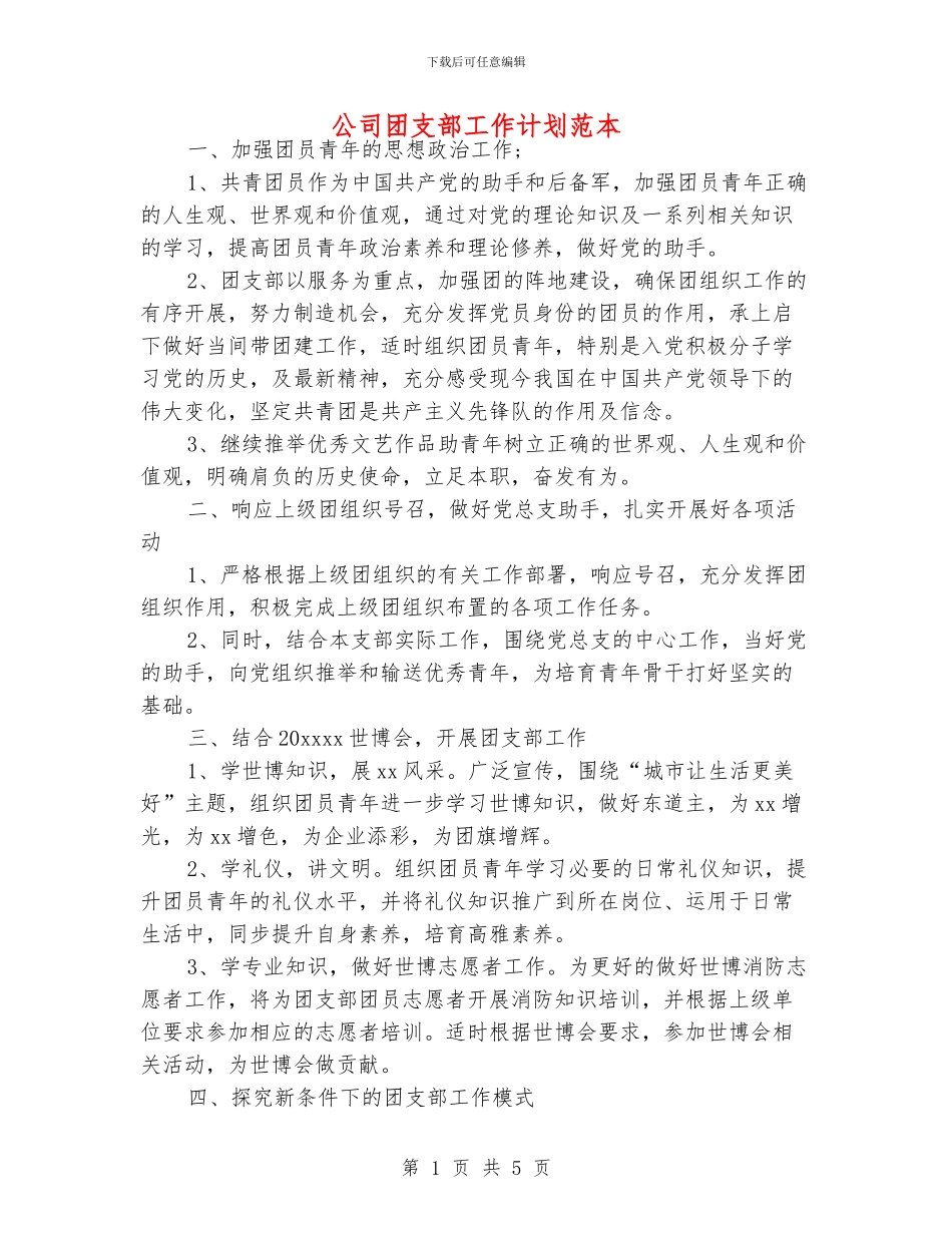 公司团支部工作计划范本_第1页