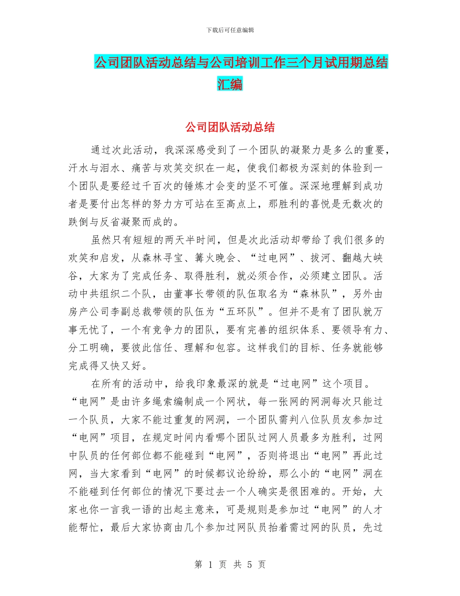 公司团队活动总结与公司培训工作三个月试用期总结汇编_第1页