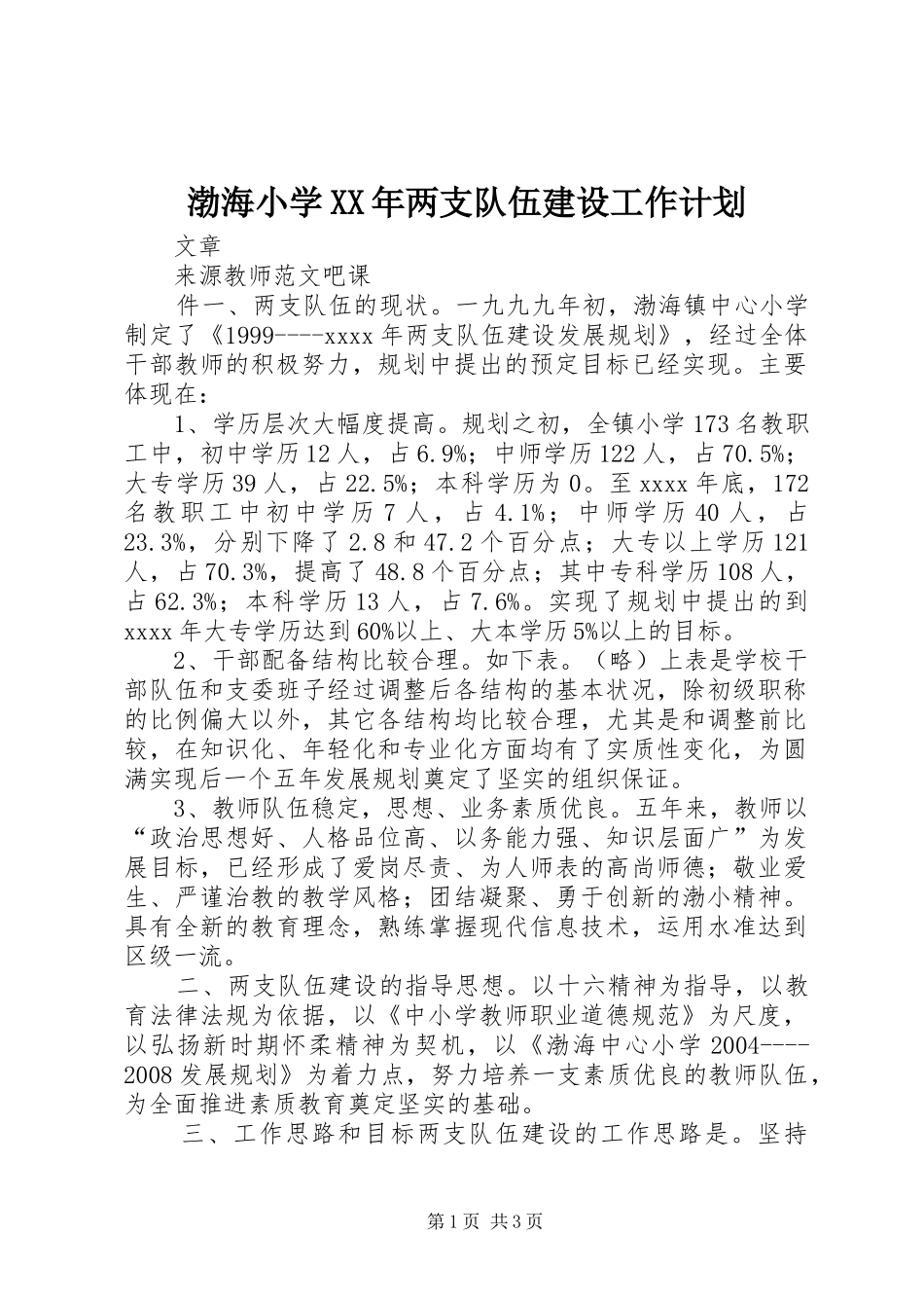 渤海小学XX年两支队伍建设工作计划 _第1页