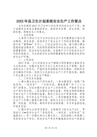 20XX年县卫生计划系统安全生产工作要点