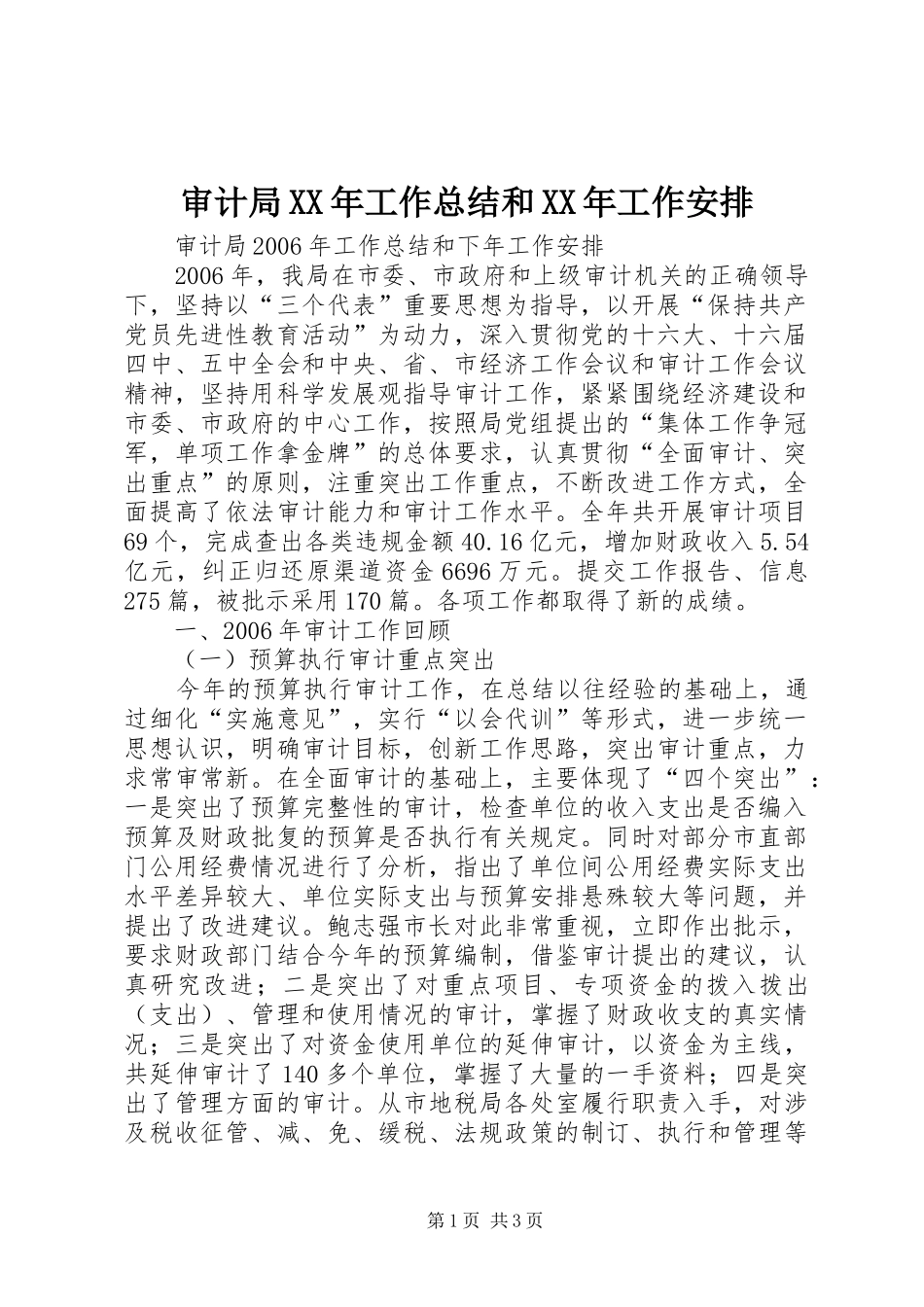 审计局XX年工作总结和XX年工作安排 _第1页