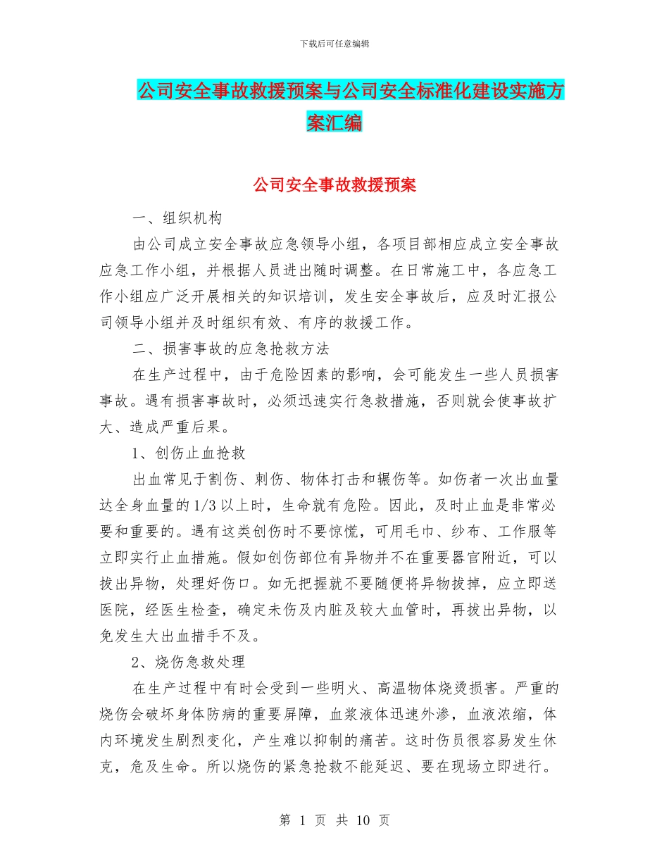 公司安全事故救援预案与公司安全标准化建设实施方案汇编_第1页