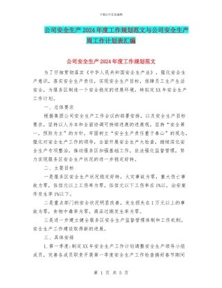 公司安全生产2024年度工作规划范文与公司安全生产周工作计划表汇编