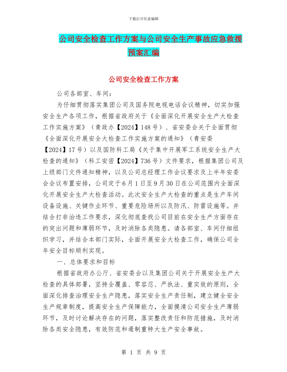 公司安全检查工作方案与公司安全生产事故应急救援预案汇编_第1页