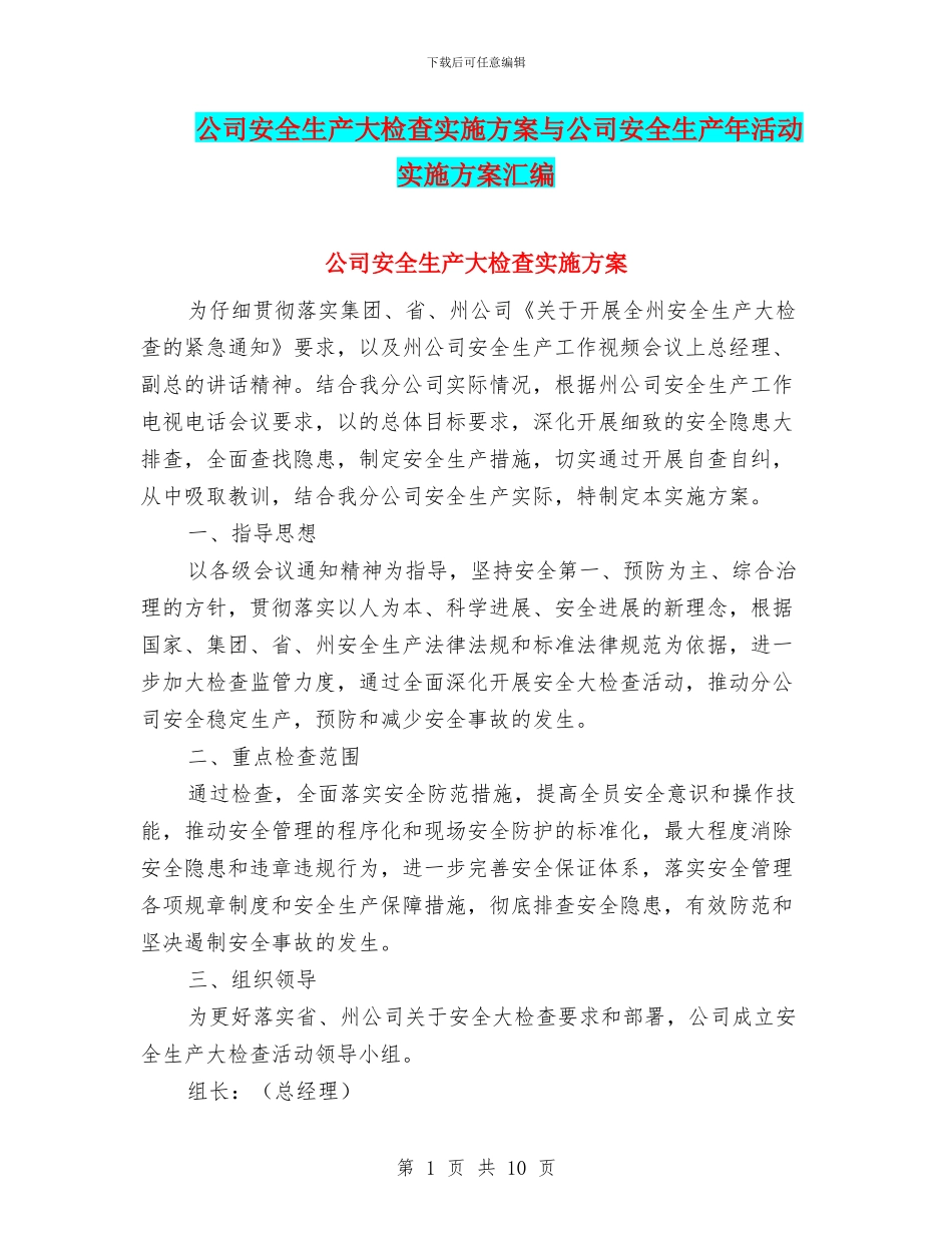公司安全生产大检查实施方案与公司安全生产年活动实施方案汇编_第1页