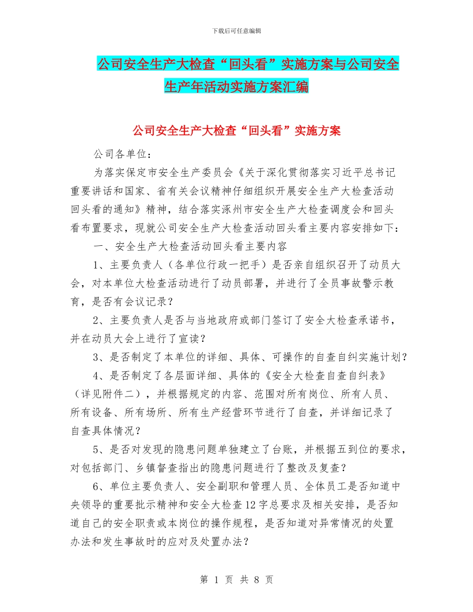 公司安全生产大检查“回头看”实施方案与公司安全生产年活动实施方案汇编_第1页
