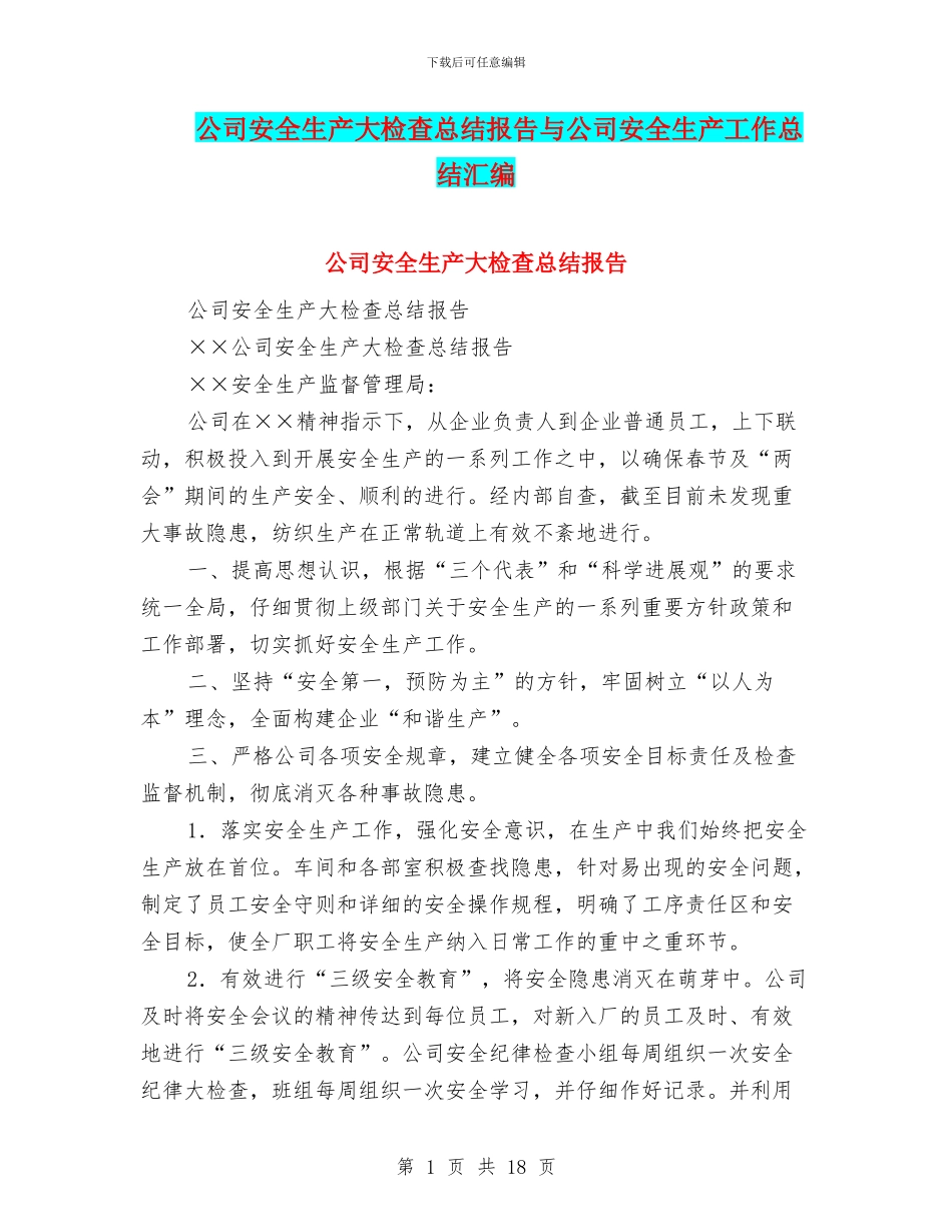 公司安全生产大检查总结报告与公司安全生产工作总结汇编_第1页