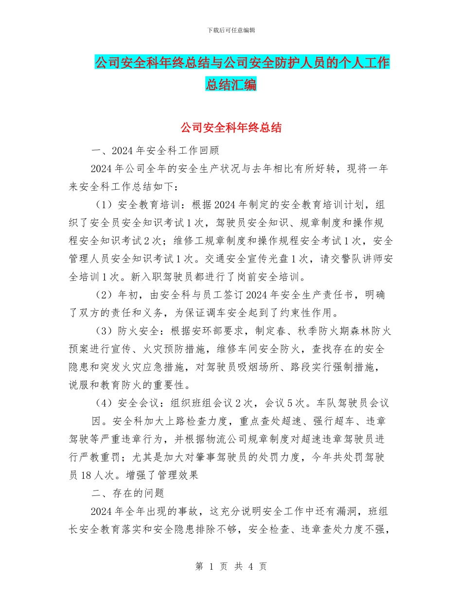 公司安全科年终总结与公司安全防护人员的个人工作总结汇编_第1页