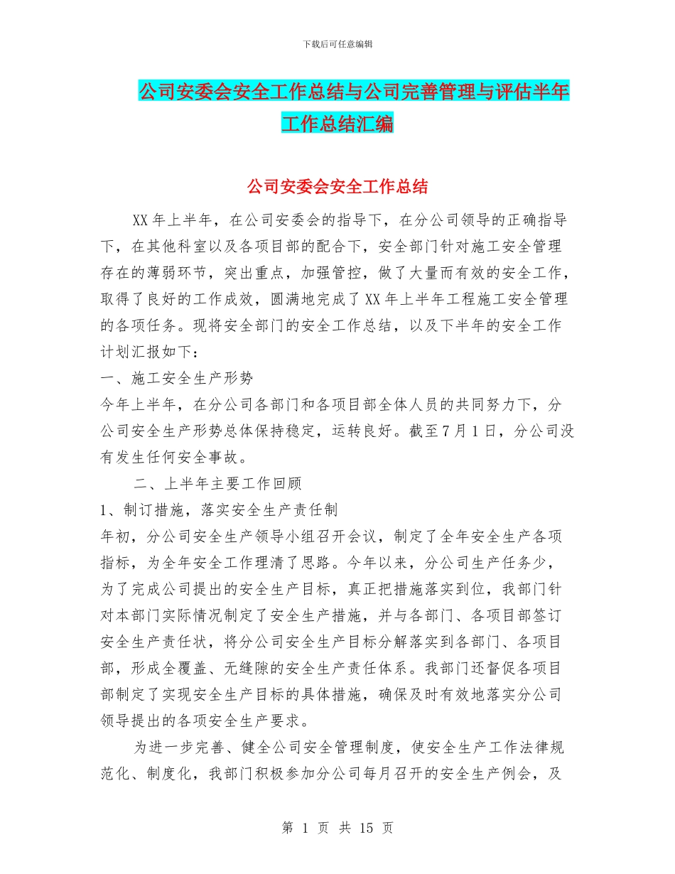 公司安委会安全工作总结与公司完善管理与评估半年工作总结汇编_第1页