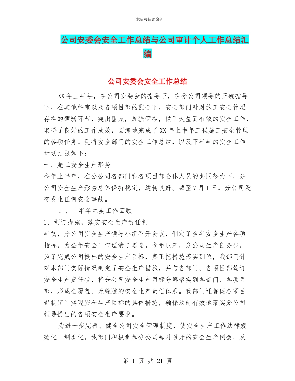 公司安委会安全工作总结与公司审计个人工作总结汇编_第1页