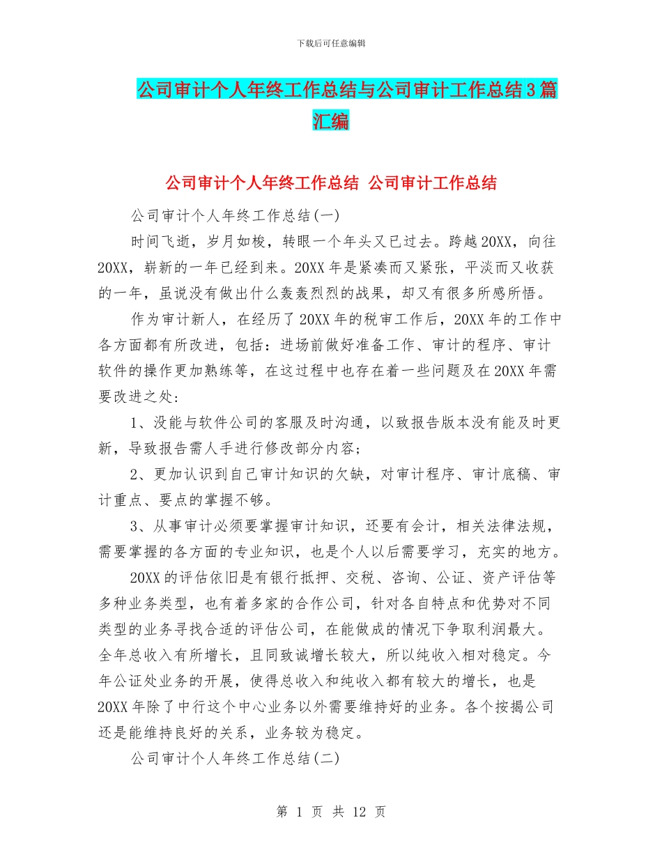 公司审计个人年终工作总结与公司审计工作总结3篇汇编_第1页