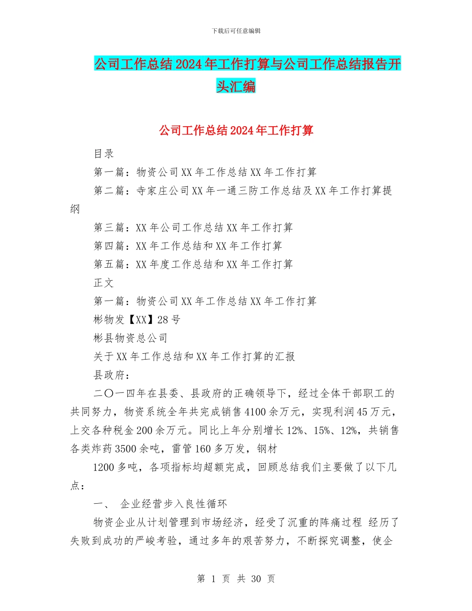 公司工作总结2024年工作打算与公司工作总结报告开头汇编_第1页