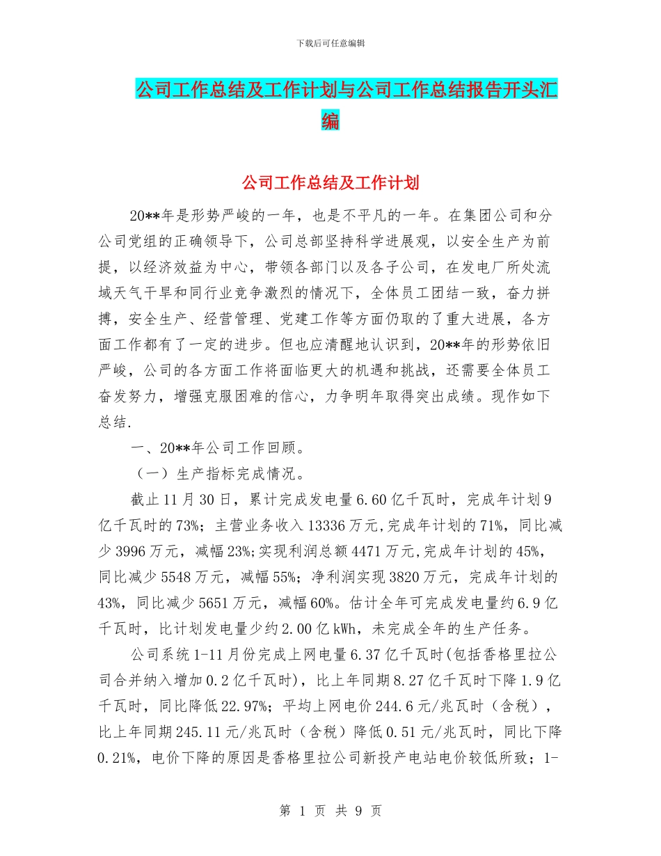 公司工作总结及工作计划与公司工作总结报告开头汇编_第1页