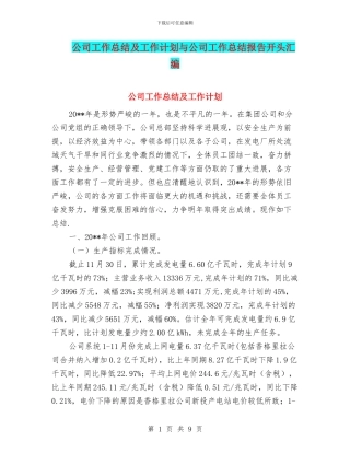 公司工作总结及工作计划与公司工作总结报告开头汇编