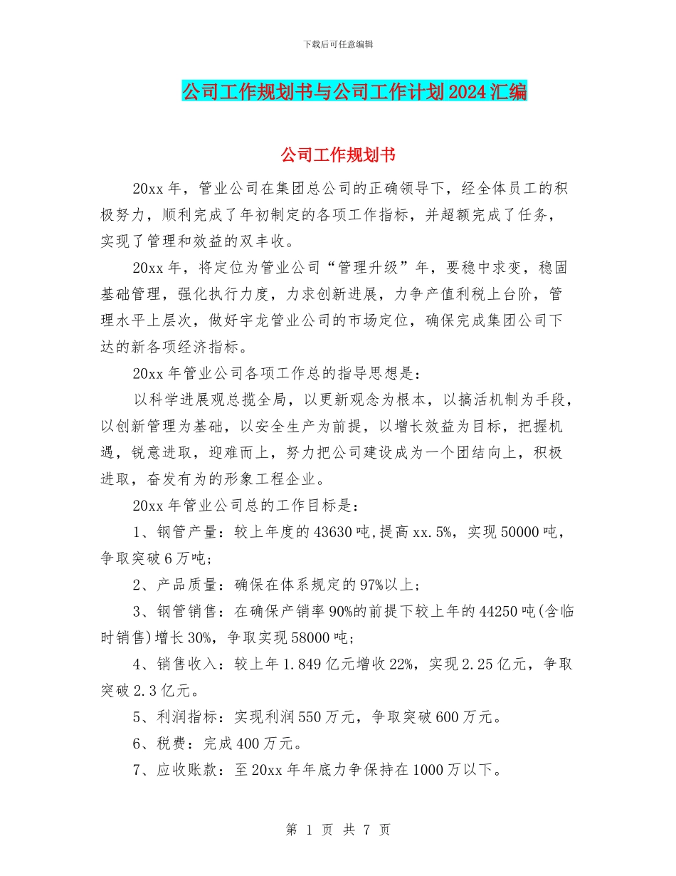 公司工作规划书与公司工作计划2024汇编_第1页