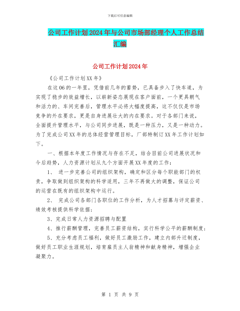 公司工作计划2024年与公司市场部经理个人工作总结汇编_第1页