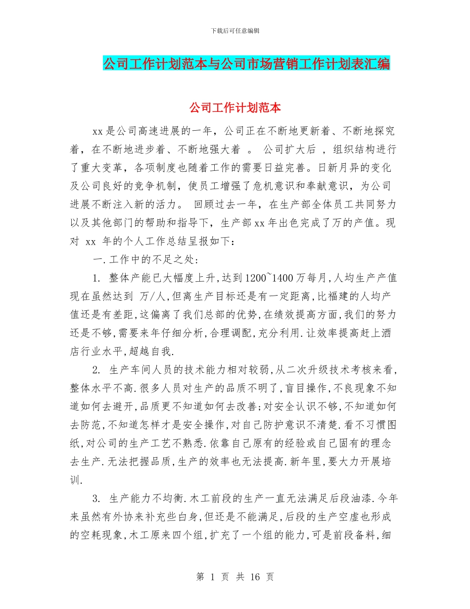 公司工作计划范本与公司市场营销工作计划表汇编_第1页