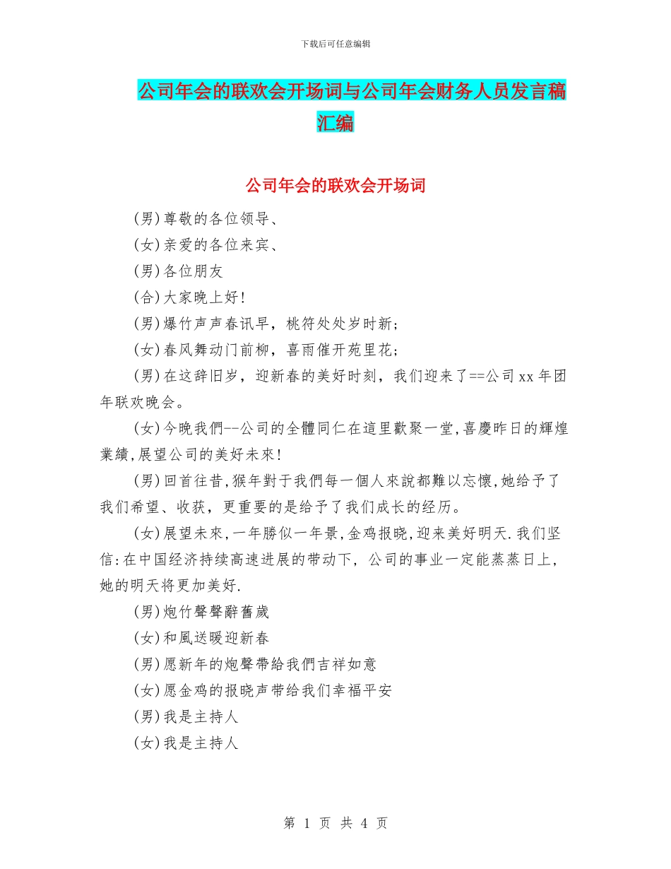 公司年会的联欢会开场词与公司年会财务人员发言稿汇编_第1页