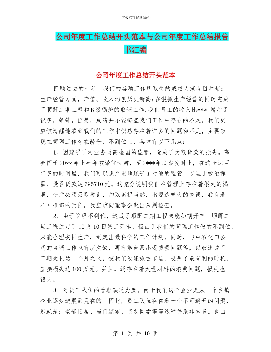 公司年度工作总结开头范本与公司年度工作总结报告书汇编_第1页