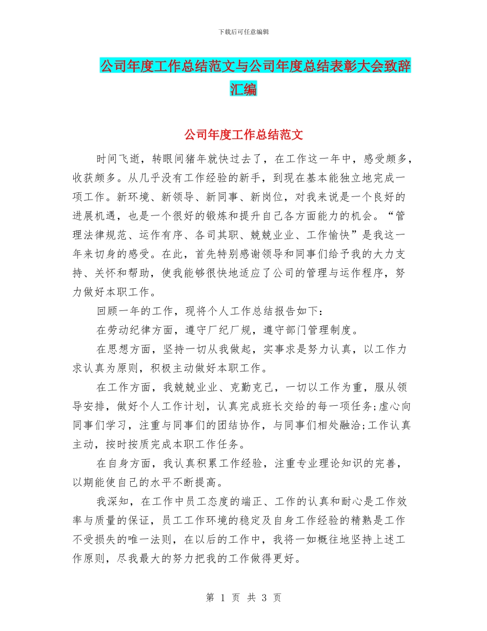 公司年度工作总结范文与公司年度总结表彰大会致辞汇编_第1页