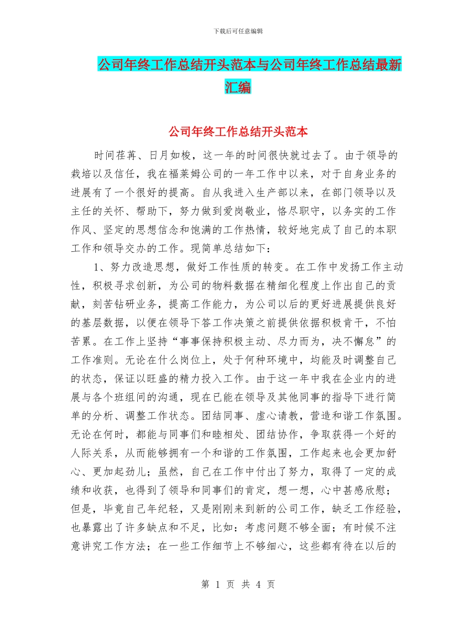 公司年终工作总结开头范本与公司年终工作总结最新汇编_第1页