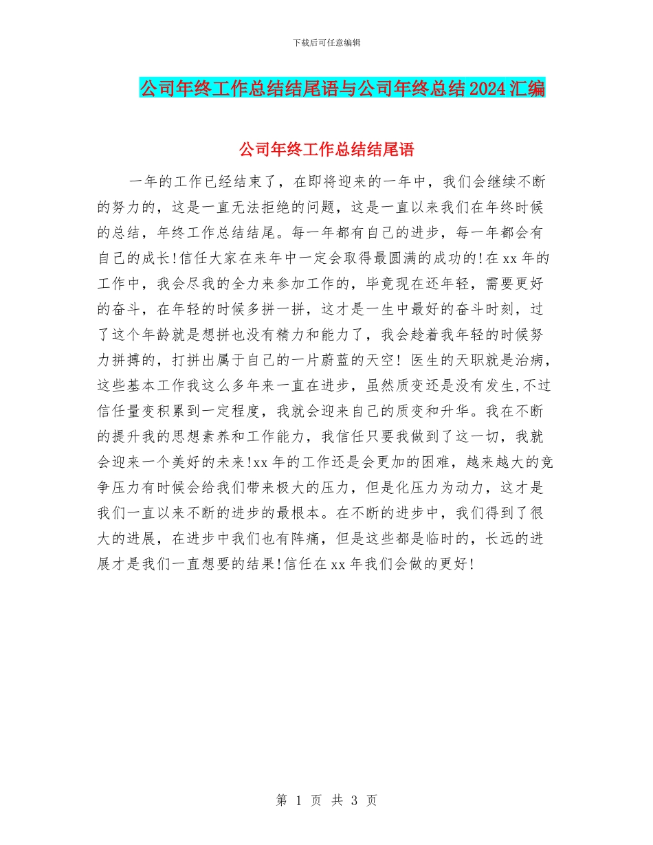 公司年终工作总结结尾语与公司年终总结2024汇编_第1页