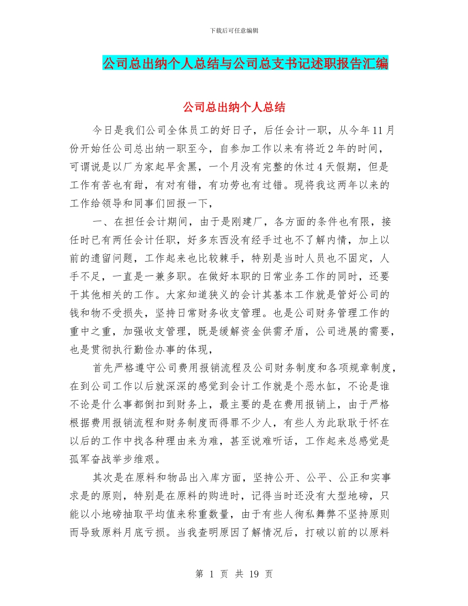 公司总出纳个人总结与公司总支书记述职报告汇编_第1页
