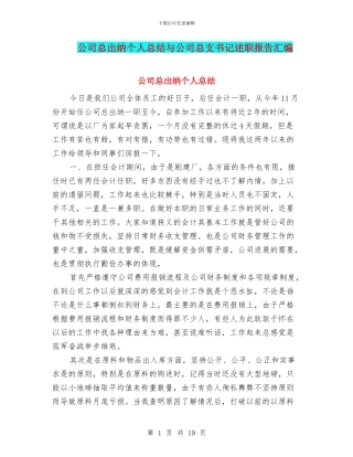 公司总出纳个人总结与公司总支书记述职报告汇编