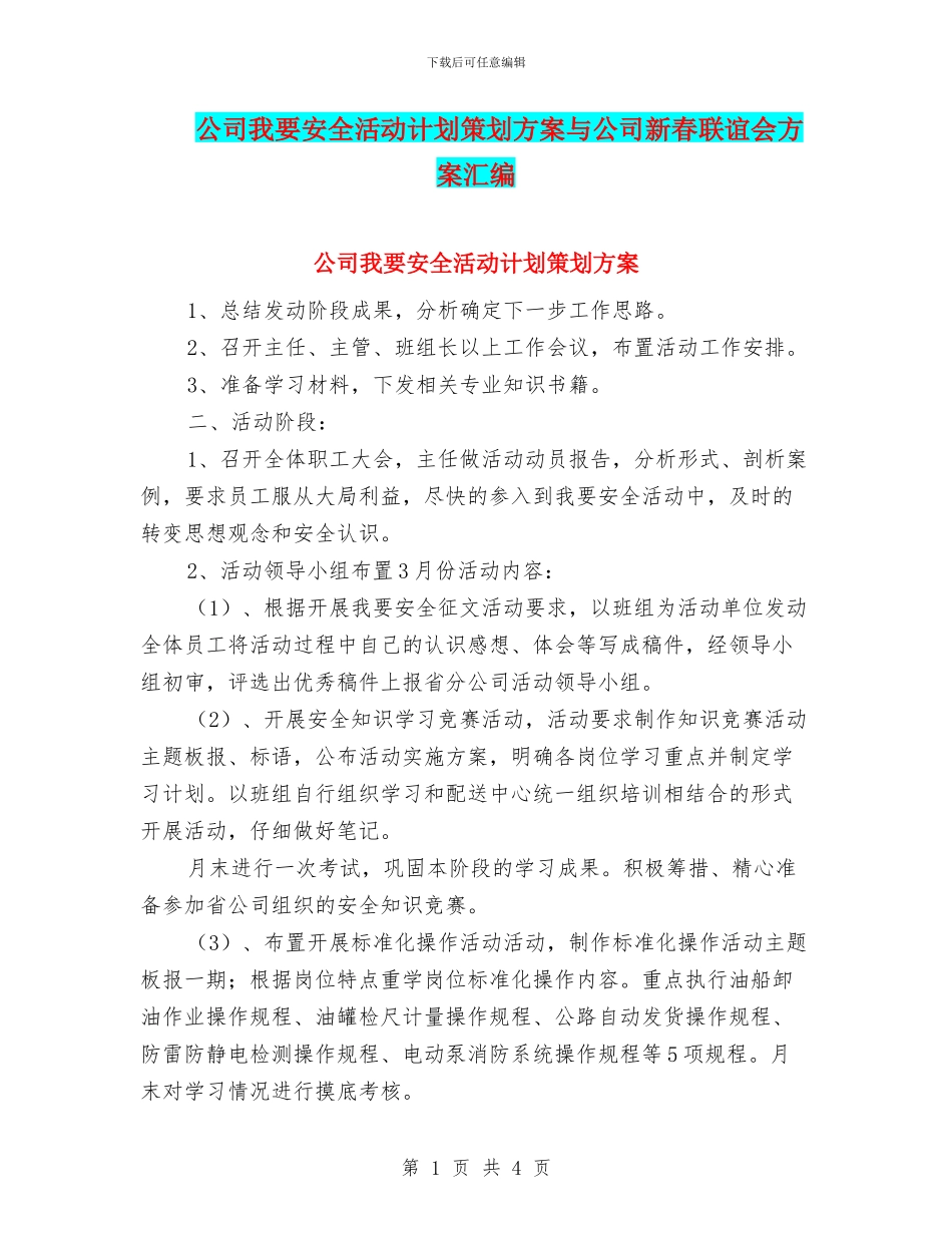 公司我要安全活动计划策划方案与公司新春联谊会方案汇编_第1页