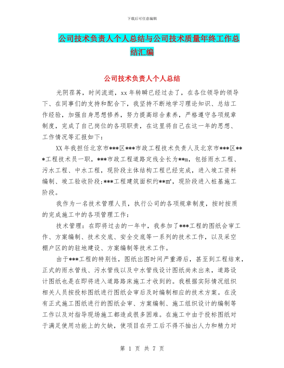 公司技术负责人个人总结与公司技术质量年终工作总结汇编_第1页