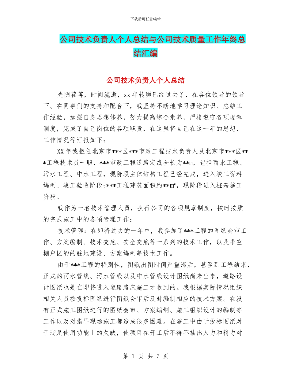 公司技术负责人个人总结与公司技术质量工作年终总结汇编_第1页