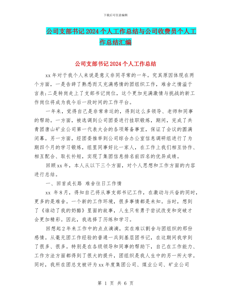 公司支部书记2024个人工作总结与公司收费员个人工作总结汇编_第1页