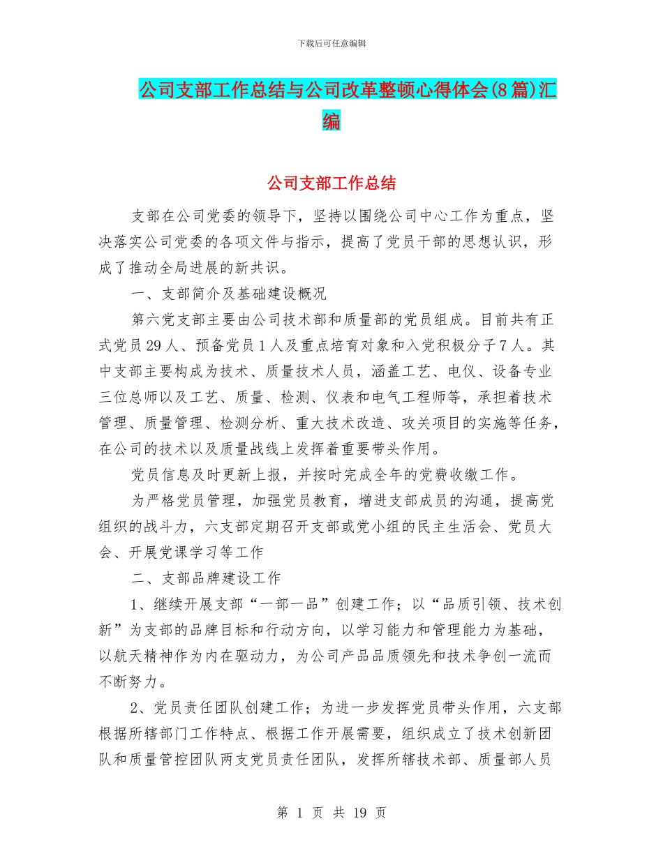 公司支部工作总结与公司改革整顿心得体会汇编_第1页