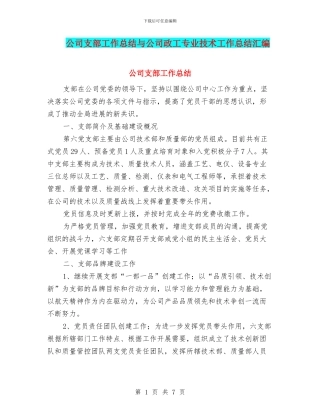 公司支部工作总结与公司政工专业技术工作总结汇编