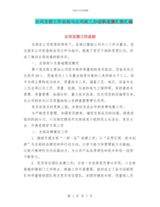公司支部工作总结与公司政工办述职述廉汇报汇编