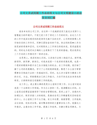公司文员试用期工作总结范文与公司文明建设小结会发言词汇编
