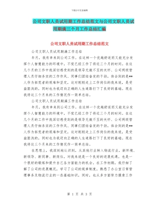 公司文职人员试用期工作总结范文与公司文职人员试用期满三个月工作总结汇编