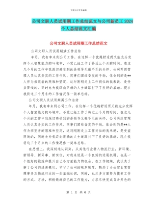 公司文职人员试用期工作总结范文与公司新员工2024个人总结范文汇编