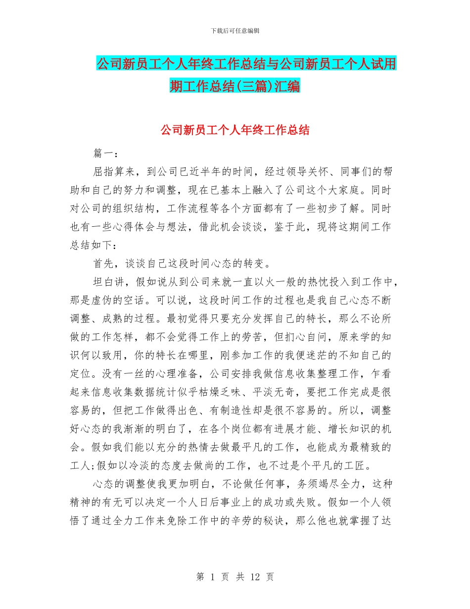 公司新员工个人年终工作总结与公司新员工个人试用期工作总结汇编_第1页