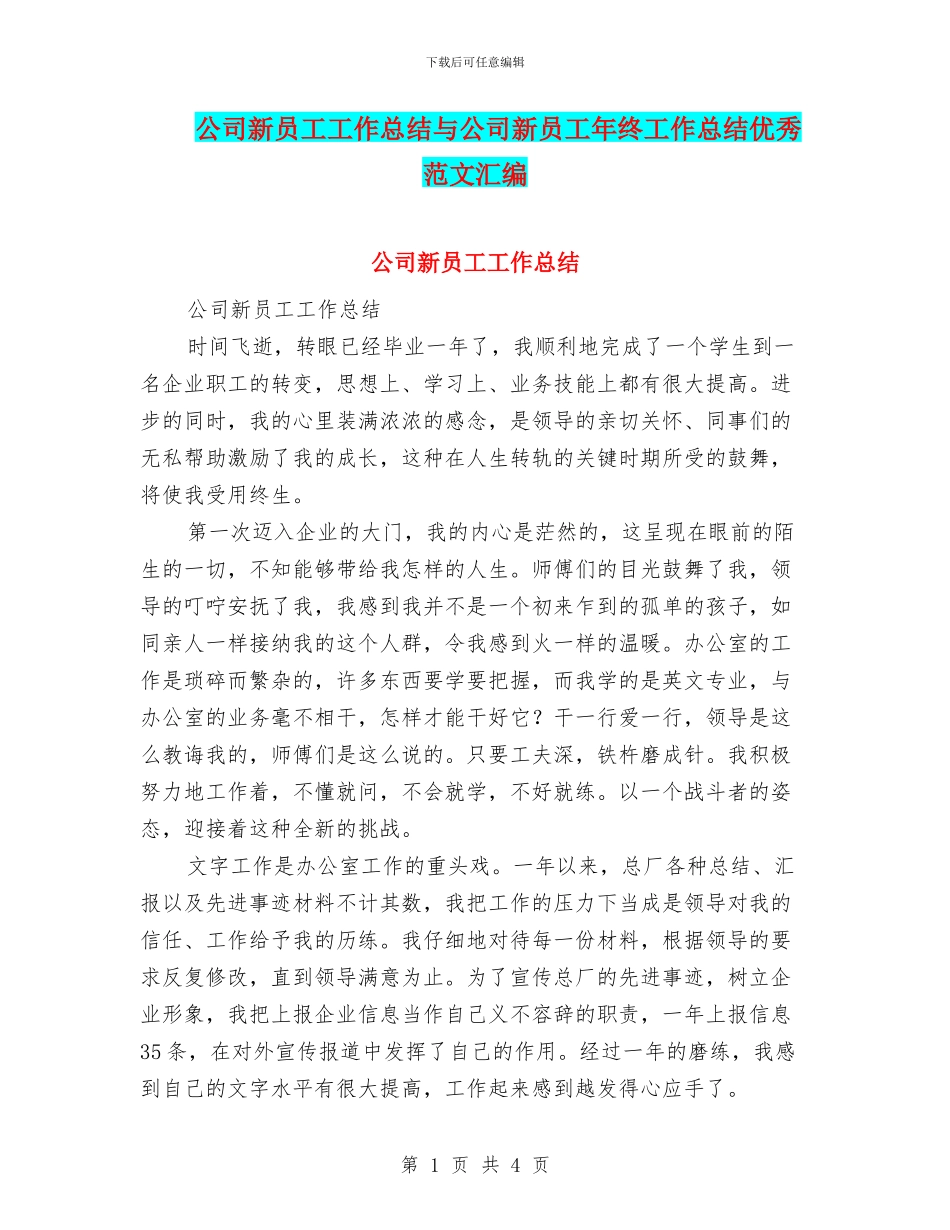 公司新员工工作总结与公司新员工年终工作总结优秀范文汇编_第1页