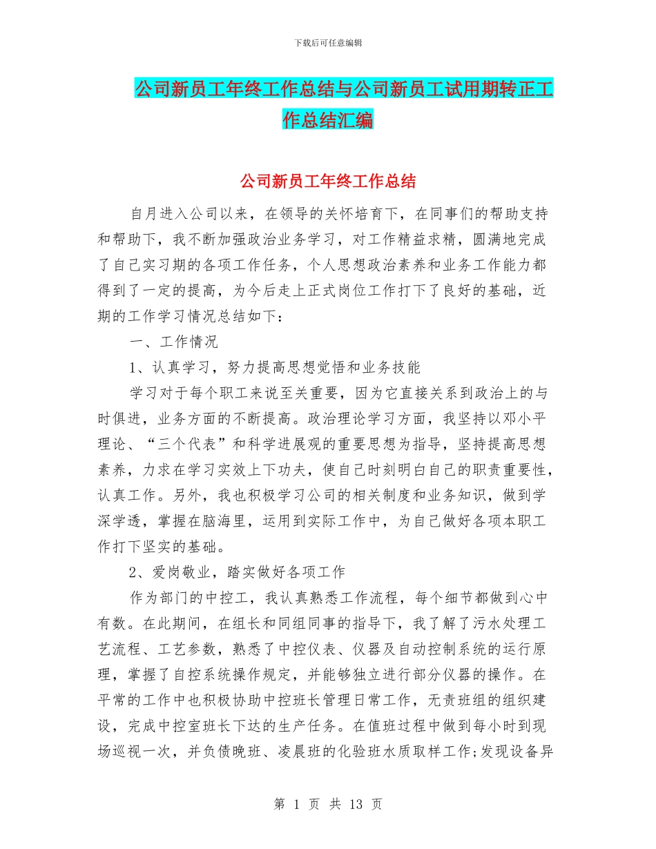 公司新员工年终工作总结与公司新员工试用期转正工作总结汇编_第1页