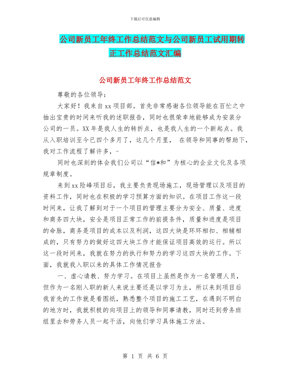 公司新员工年终工作总结范文与公司新员工试用期转正工作总结范文汇编_第1页