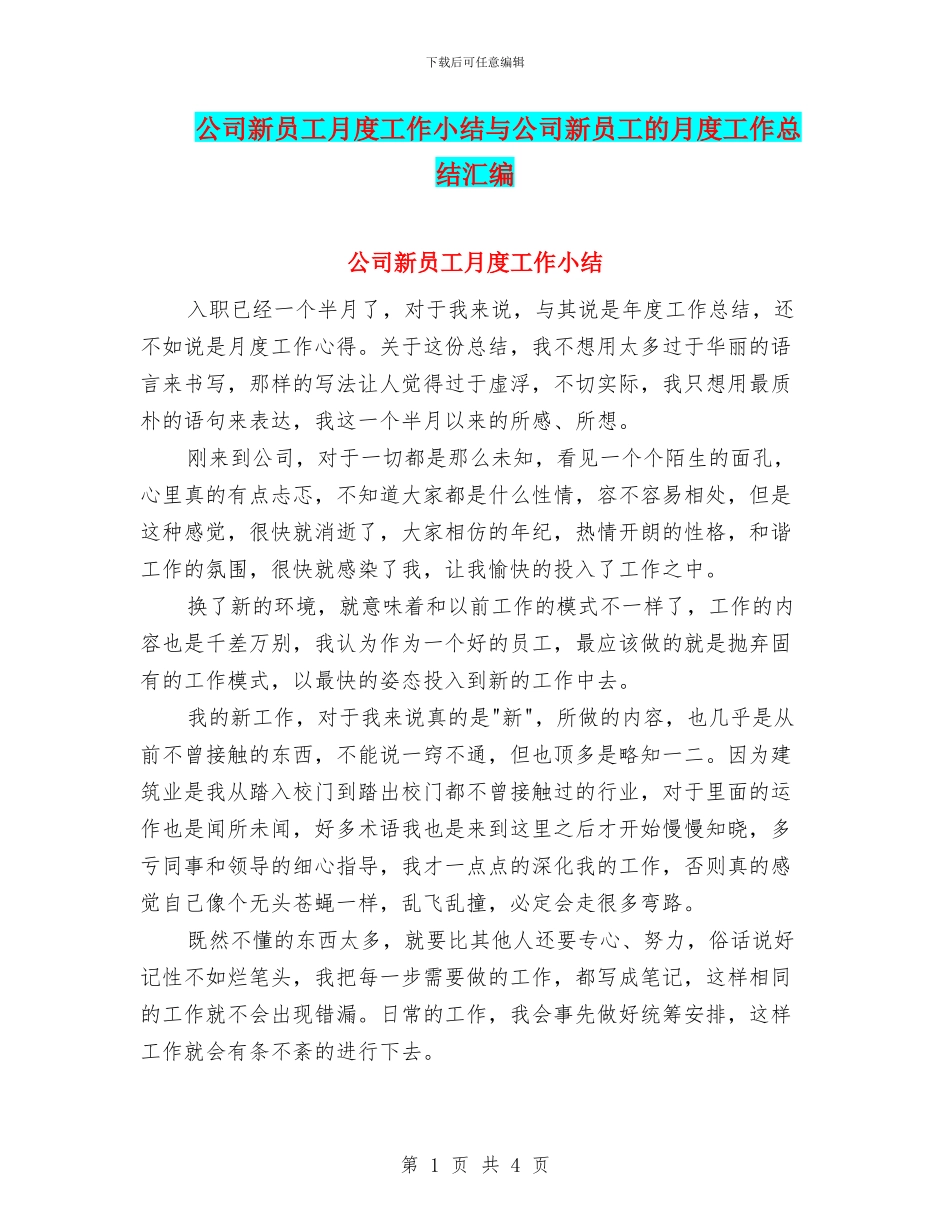 公司新员工月度工作小结与公司新员工的月度工作总结汇编_第1页