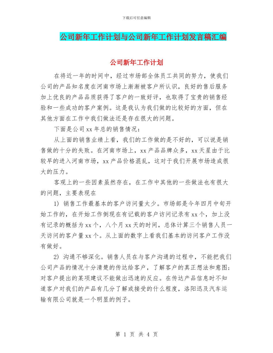 公司新年工作计划与公司新年工作计划发言稿汇编_第1页