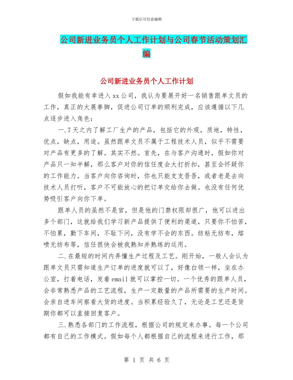 公司新进业务员个人工作计划与公司春节活动策划汇编_第1页